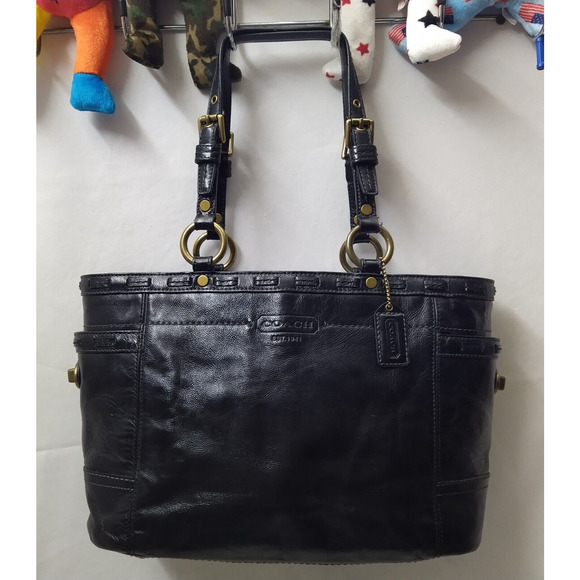 Coach Gallery Black Patent Leather Turn Lock Pocket Doubler Handle Tote Bag - Picture 16 of 16